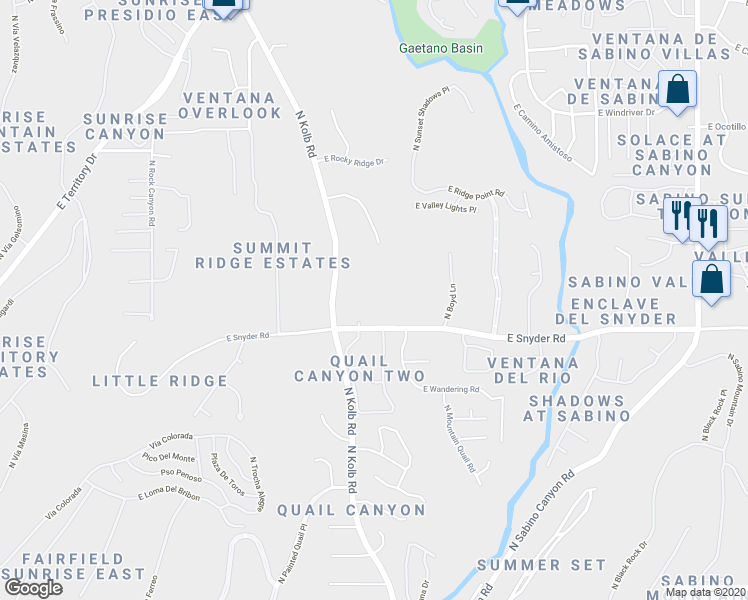 map of restaurants, bars, coffee shops, grocery stores, and more near 7255 East Snyder Road in Tucson