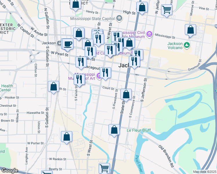 map of restaurants, bars, coffee shops, grocery stores, and more near 401-499 Court Street in Jackson