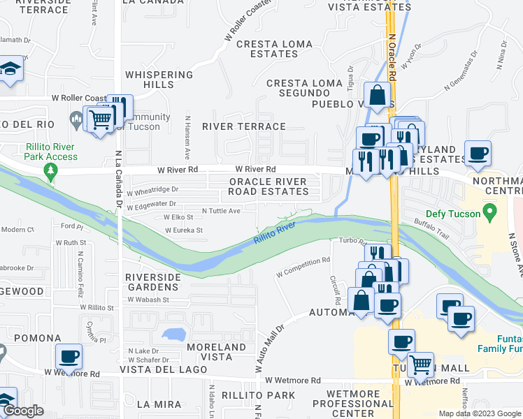 map of restaurants, bars, coffee shops, grocery stores, and more near 4849 North Idaho Place in Tucson