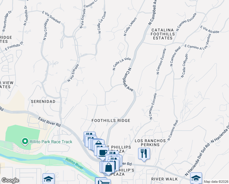 map of restaurants, bars, coffee shops, grocery stores, and more near 4840 North Camino Luz in Tucson