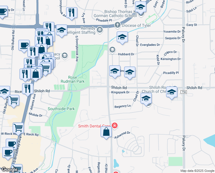 map of restaurants, bars, coffee shops, grocery stores, and more near Shiloh Rd & New Copeland Rd in Tyler