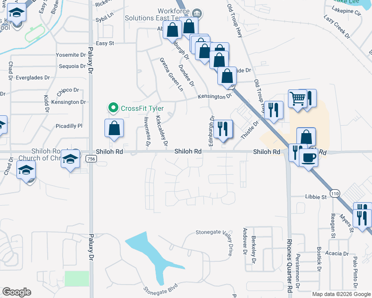 map of restaurants, bars, coffee shops, grocery stores, and more near 2400 Shiloh Road in Tyler