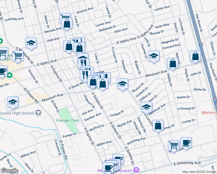 map of restaurants, bars, coffee shops, grocery stores, and more near 1750 Luna Street in Las Cruces