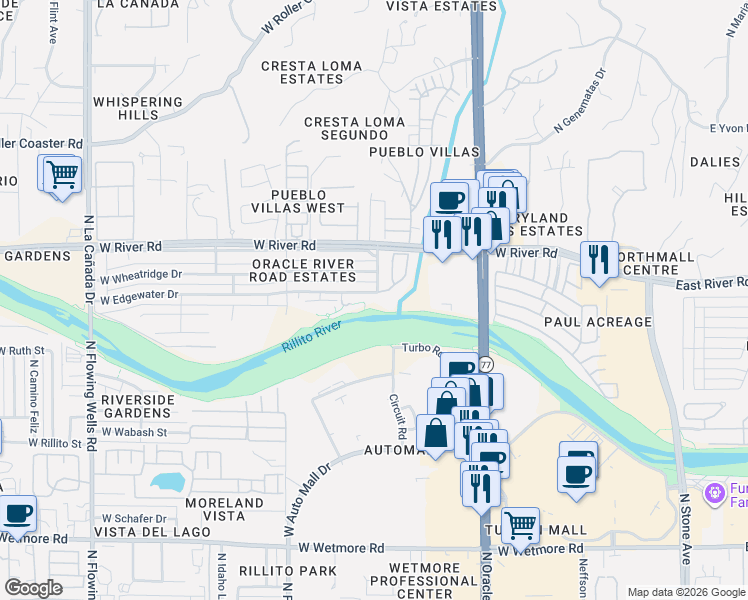 map of restaurants, bars, coffee shops, grocery stores, and more near 4875 North 15th Place in Tucson