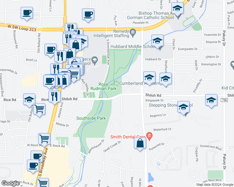 map of restaurants, bars, coffee shops, grocery stores, and more near 700 Shiloh Road in Tyler