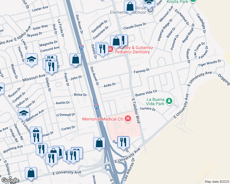 map of restaurants, bars, coffee shops, grocery stores, and more near 2705 Huntington Drive in Las Cruces