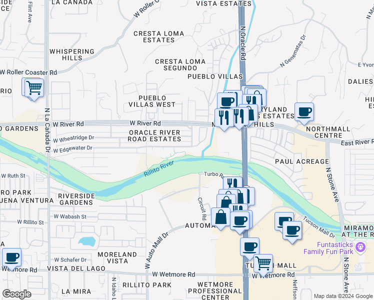 map of restaurants, bars, coffee shops, grocery stores, and more near 4875 North 15th Place in Tucson