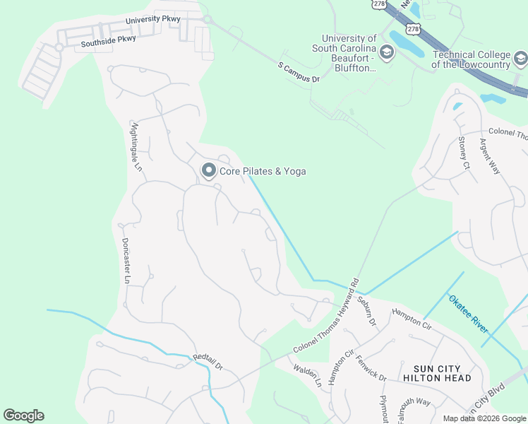 map of restaurants, bars, coffee shops, grocery stores, and more near 163 Stratford Village Way in Bluffton