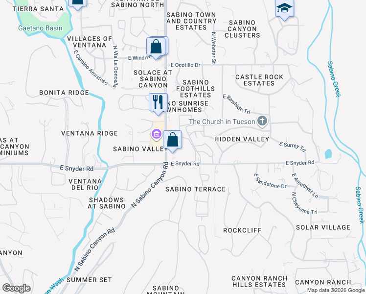 map of restaurants, bars, coffee shops, grocery stores, and more near 4880 North Sabino Canyon Road in Tucson
