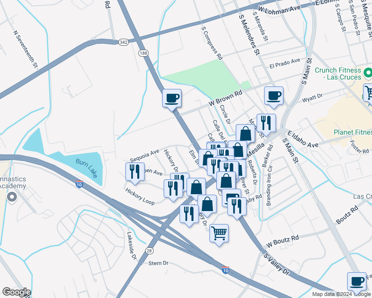 map of restaurants, bars, coffee shops, grocery stores, and more near 1014 Elm Street in Las Cruces