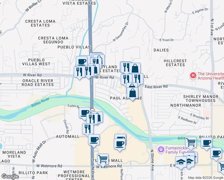 map of restaurants, bars, coffee shops, grocery stores, and more near 101 West River Road in Tucson