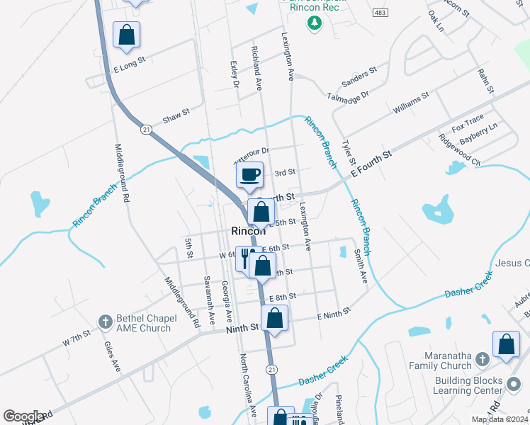 map of restaurants, bars, coffee shops, grocery stores, and more near 501 Richland Avenue in Rincon