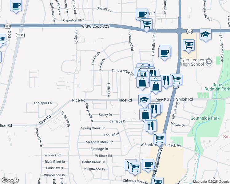 map of restaurants, bars, coffee shops, grocery stores, and more near 5005 Forestwood Boulevard in Tyler