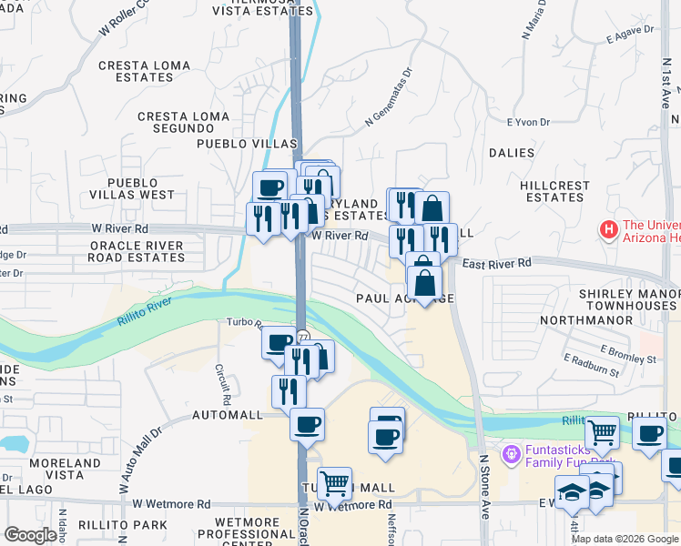 map of restaurants, bars, coffee shops, grocery stores, and more near 101 West River Road in Tucson