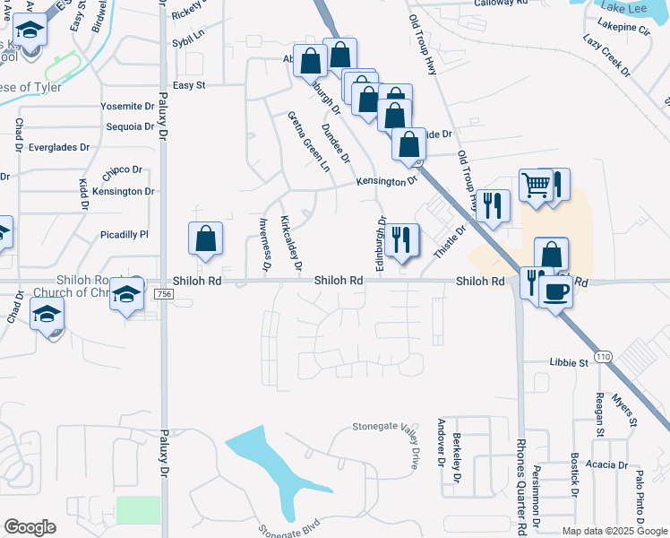 map of restaurants, bars, coffee shops, grocery stores, and more near 2400 Shiloh Road in Tyler