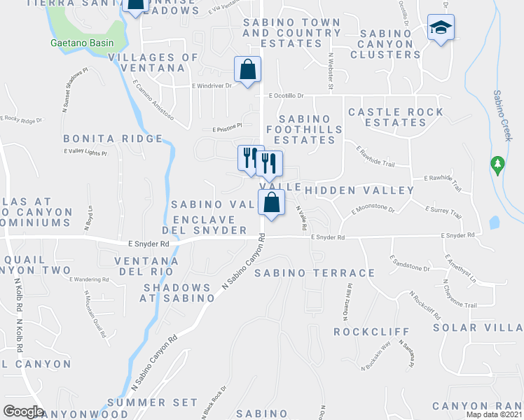 map of restaurants, bars, coffee shops, grocery stores, and more near 4946 North Sabino Gulch Court in Tucson