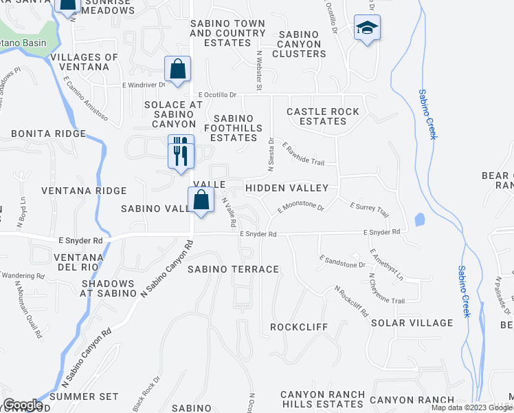 map of restaurants, bars, coffee shops, grocery stores, and more near 4875 North Hummingbird Lane in Tucson