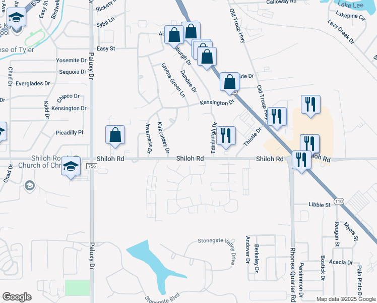 map of restaurants, bars, coffee shops, grocery stores, and more near 2400 Shiloh Road in Tyler