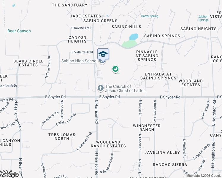 map of restaurants, bars, coffee shops, grocery stores, and more near 9561 East Snyder Road in Tucson
