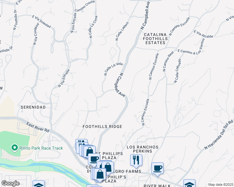 map of restaurants, bars, coffee shops, grocery stores, and more near 4875 North Campbell Avenue in Tucson