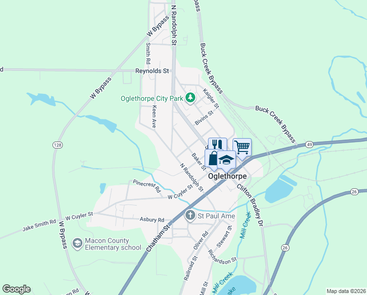 map of restaurants, bars, coffee shops, grocery stores, and more near 400 Baker Street in Oglethorpe
