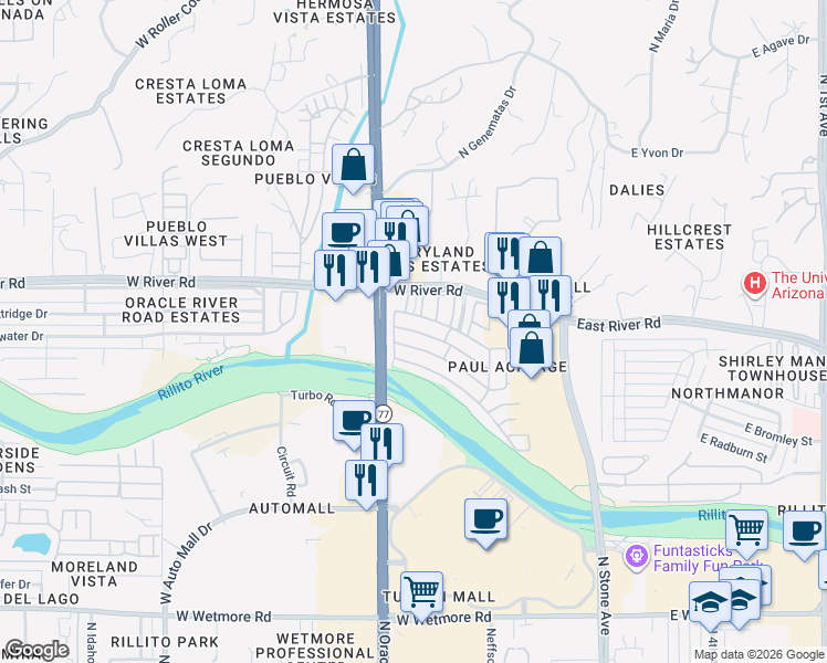 map of restaurants, bars, coffee shops, grocery stores, and more near 109-199 West River Road in Tucson