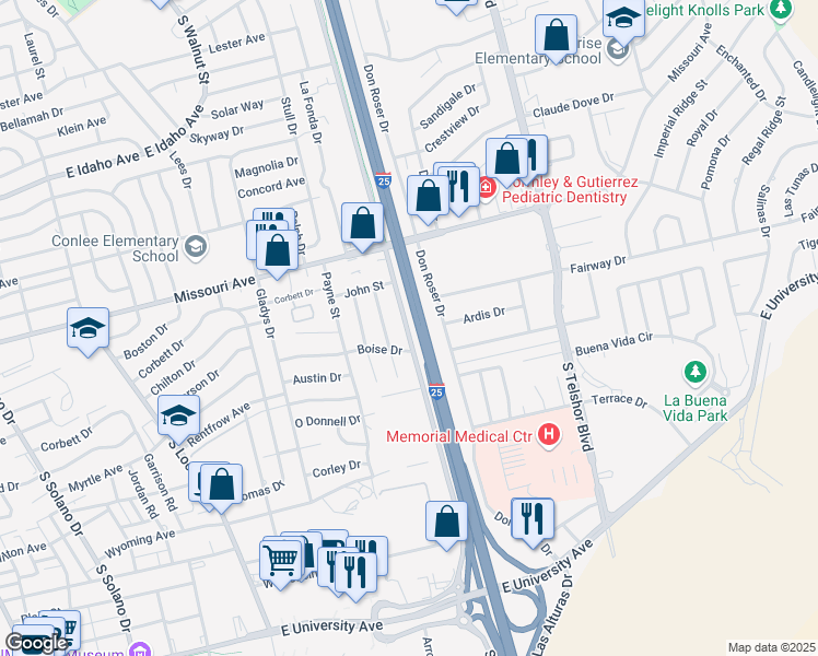 map of restaurants, bars, coffee shops, grocery stores, and more near 1860 South Triviz Drive in Las Cruces
