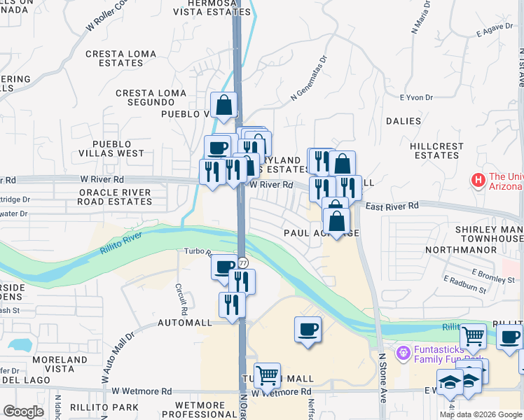 map of restaurants, bars, coffee shops, grocery stores, and more near 109-199 West River Road in Tucson