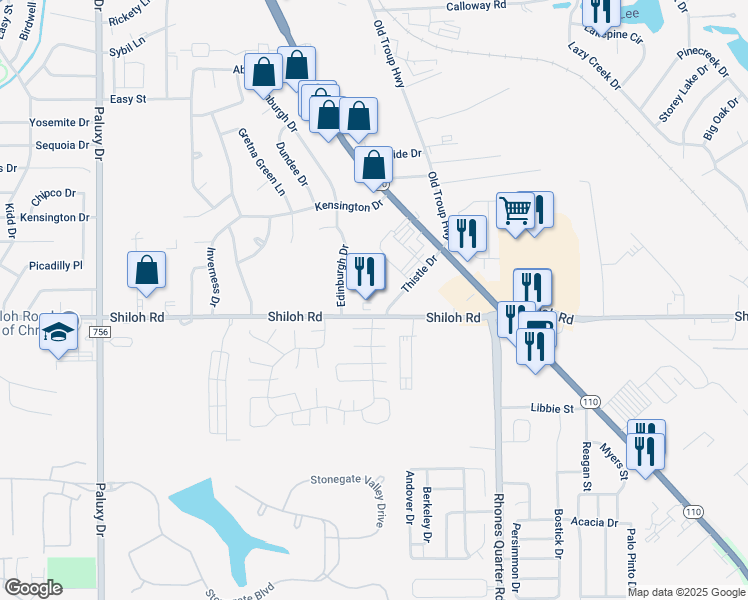 map of restaurants, bars, coffee shops, grocery stores, and more near 4917 Thistle Drive in Tyler