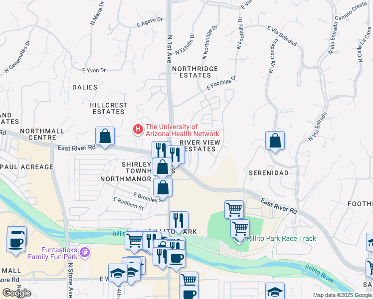 map of restaurants, bars, coffee shops, grocery stores, and more near 855 East River Road in Tucson