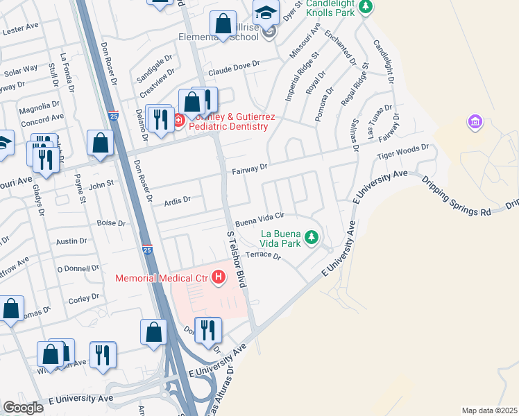 map of restaurants, bars, coffee shops, grocery stores, and more near 2955 Huntington Drive in Las Cruces