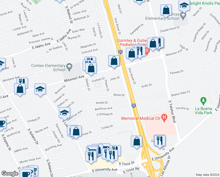 map of restaurants, bars, coffee shops, grocery stores, and more near 1825 Payne Street in Las Cruces