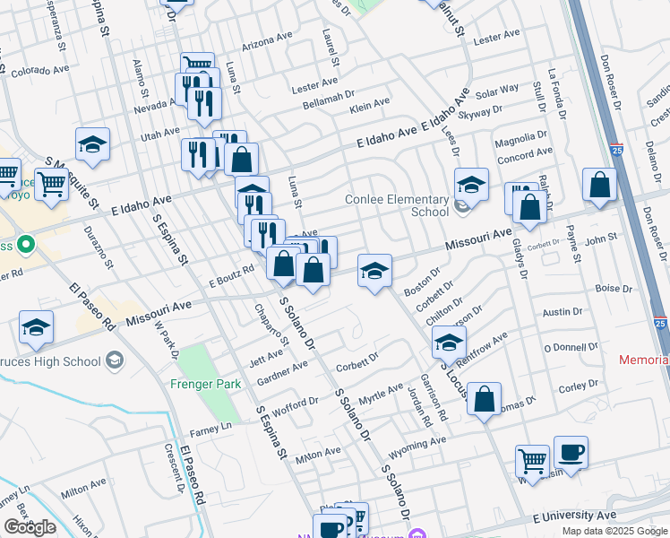 map of restaurants, bars, coffee shops, grocery stores, and more near 1510 Andrews Drive in Las Cruces