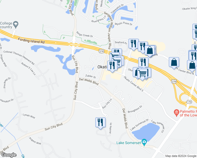 map of restaurants, bars, coffee shops, grocery stores, and more near 66 Zubler Street in Bluffton