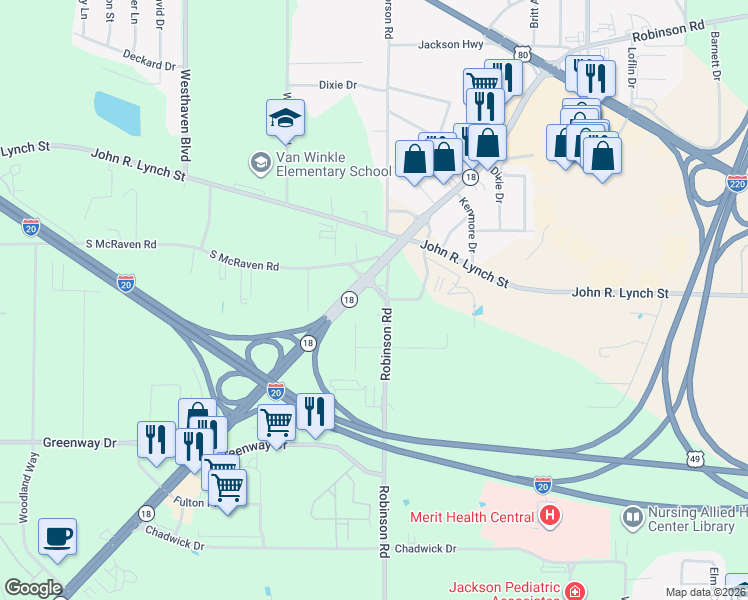 map of restaurants, bars, coffee shops, grocery stores, and more near State Highway 18 in Jackson