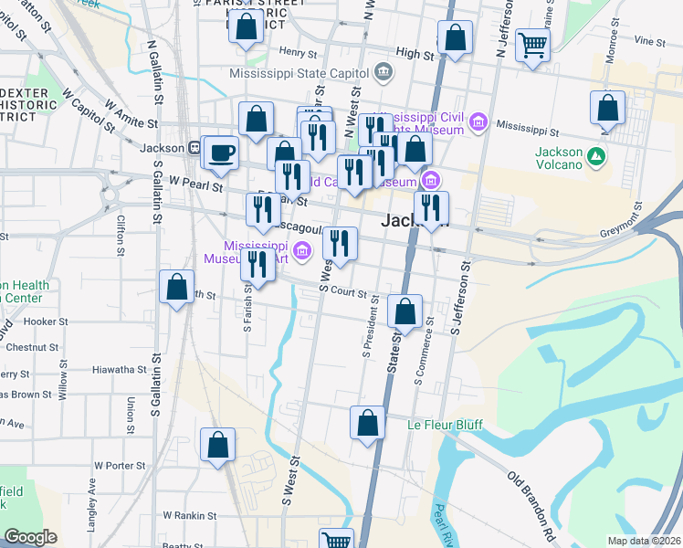 map of restaurants, bars, coffee shops, grocery stores, and more near 407 South Congress Street in Jackson