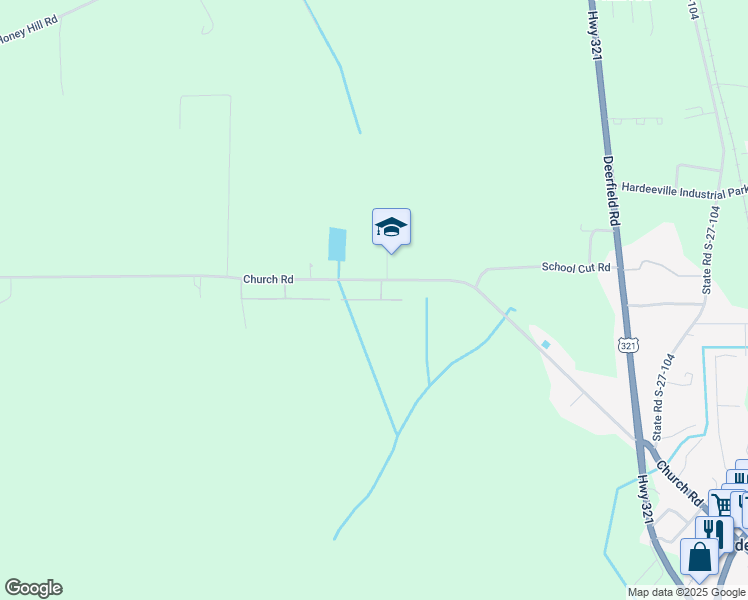 map of restaurants, bars, coffee shops, grocery stores, and more near 1445 Church Road in Hardeeville