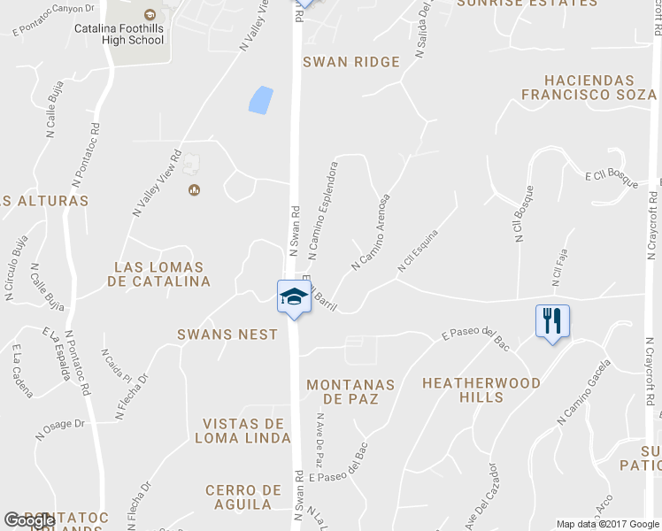map of restaurants, bars, coffee shops, grocery stores, and more near 4901 North Camino Arenosa in Tucson
