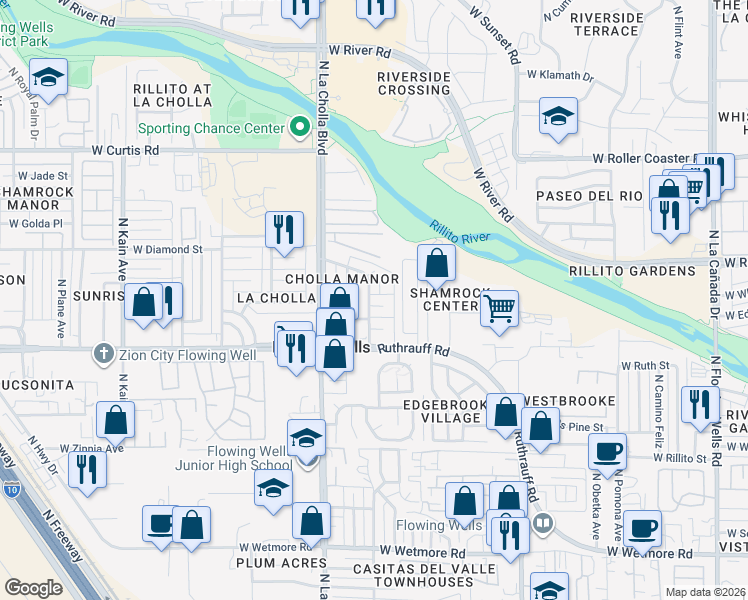 map of restaurants, bars, coffee shops, grocery stores, and more near 4917 North Jay Avenue in Tucson