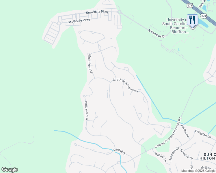 map of restaurants, bars, coffee shops, grocery stores, and more near 1 Doncaster Lane in Bluffton