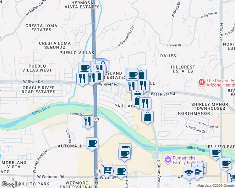 map of restaurants, bars, coffee shops, grocery stores, and more near Kachina Road in Tucson