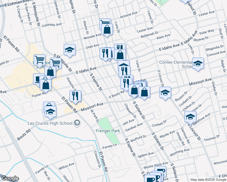 map of restaurants, bars, coffee shops, grocery stores, and more near 1491 Alamo Street in Las Cruces