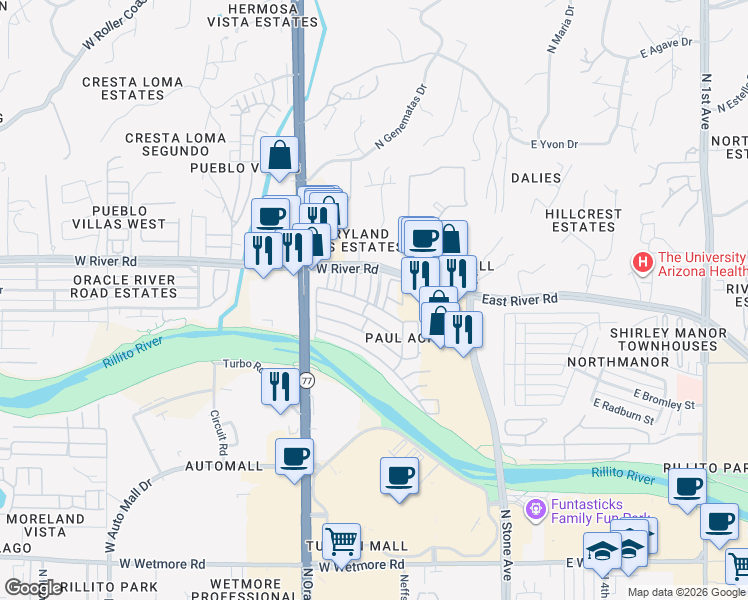 map of restaurants, bars, coffee shops, grocery stores, and more near in Tucson