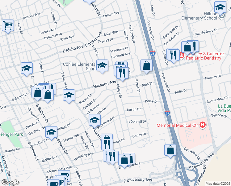 map of restaurants, bars, coffee shops, grocery stores, and more near 1845 Gladys Drive in Las Cruces