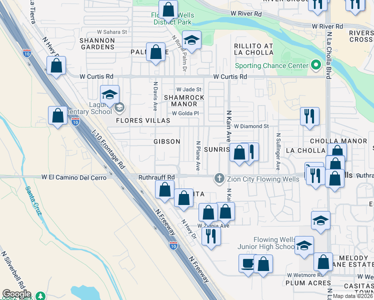 map of restaurants, bars, coffee shops, grocery stores, and more near 4901 North Sunrise Avenue in Tucson