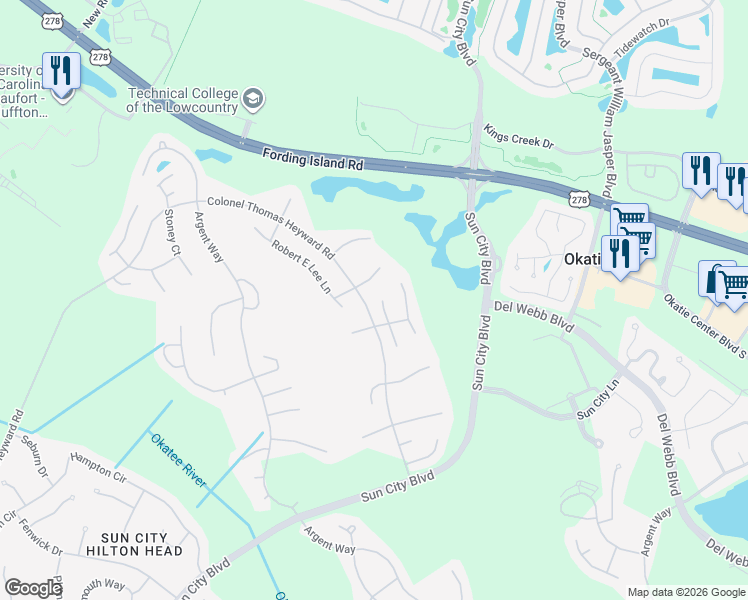 map of restaurants, bars, coffee shops, grocery stores, and more near 130 General Hardee Way in Bluffton