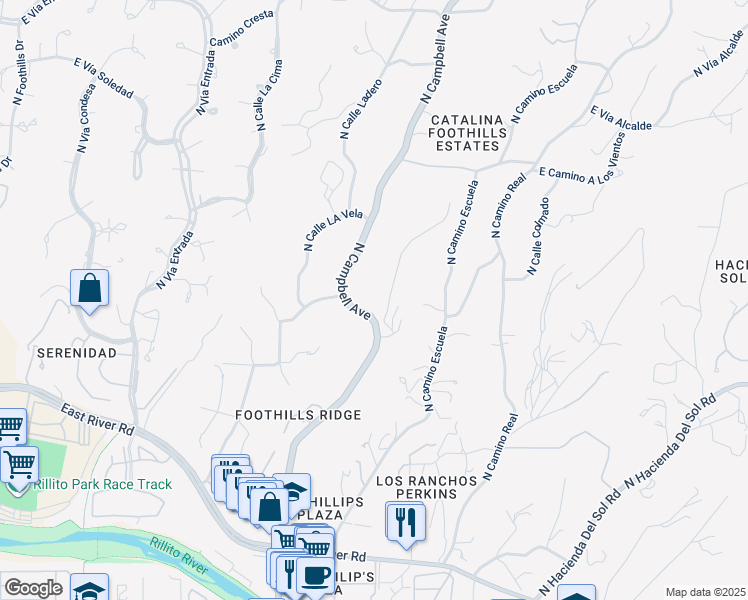 map of restaurants, bars, coffee shops, grocery stores, and more near 4850 North Campbell Avenue in Tucson