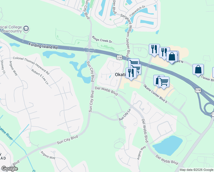 map of restaurants, bars, coffee shops, grocery stores, and more near 40 Zubler Street in Bluffton