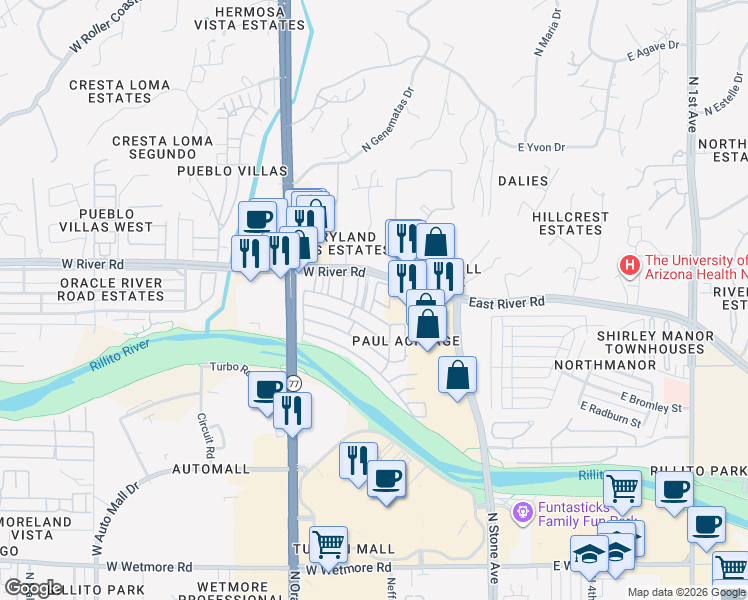 map of restaurants, bars, coffee shops, grocery stores, and more near Kachina Road in Tucson