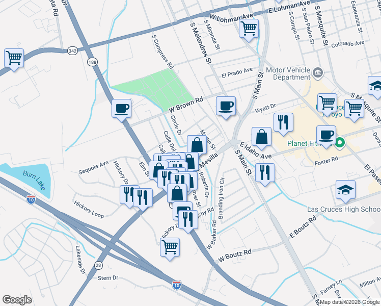 map of restaurants, bars, coffee shops, grocery stores, and more near 1298 West Hall Avenue in Las Cruces